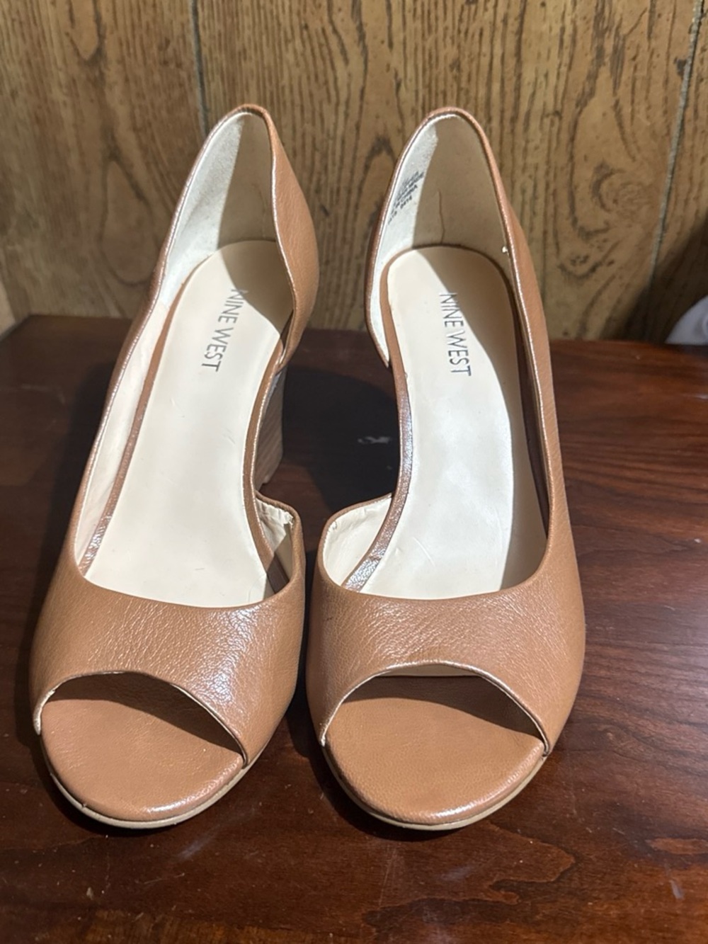 Nine West Tan Peep-Toe Wedge Heels